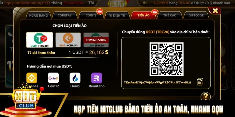 Nạp tiền Hitclub bằng tiền ảo an toàn, nhanh gọn Nạp tiền Hitclub bằng tiền ảo an toàn, nhanh gọn